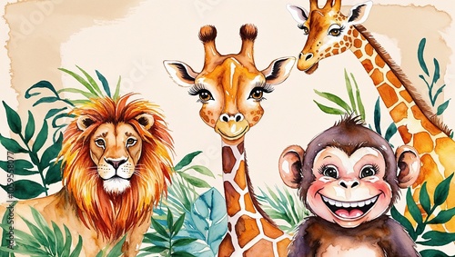 Colorful illustration of a lion, giraffes, and a joyful monkey surrounded by tropical foliage in a playful jungle setting photo