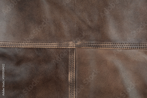 Close Up Of Brown Leather Texture with Stitches