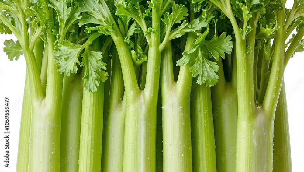 Obraz premium Fresh celery stalks with lush leaves and water droplets
