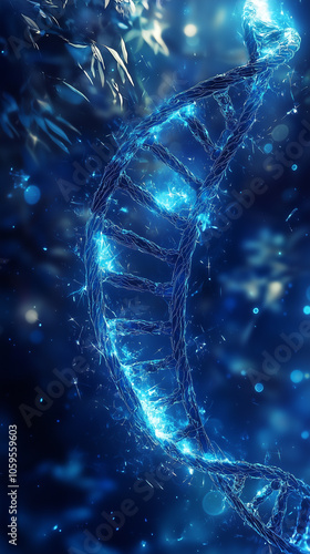 A glowing DNA helix with a vibrant, luminous blue background. photo