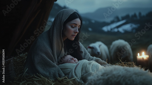 A serene nativity scene of Mary holding baby Jesus in a manger at dusk, surrounded by sheep, with soft candlelight and a calm countryside backdrop.
 photo