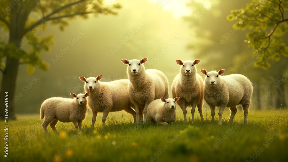 Obraz premium A Serene and Peaceful Scene of Sheep Standing on a Grove of Trees Depicting Rural Harmony