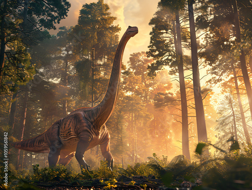 An Argentinosaurus dinosaur walking through a prehistoric landscape with tall trees, its long neck stretched high, showcasing immense size and power, under soft morning light, cinematic style, Composi