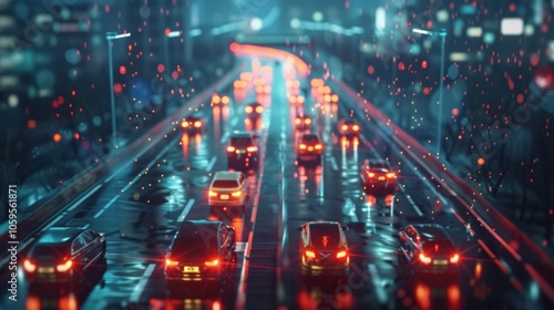 Self driving vehicles navigate a futuristic city highway at night, showcasing advanced technology and intelligent transportation systems in a smart urban environment