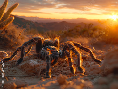 An Arizona Blonde Tarantula resting on desert soil, its light fur contrasting with the sandy environment, legs spread out, illuminated under warm sunset light, cinematic style, Compositing Core, 8k, d photo