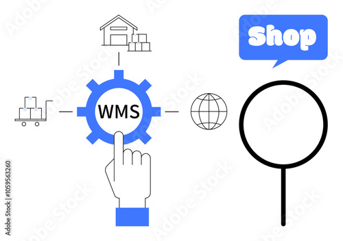 Hand pointing to WMS in gear, linked to warehouse, shop, delivery cart and globe. Ideal for logistics, e-commerce, inventory management, global shipping and warehouse operations. Line art style