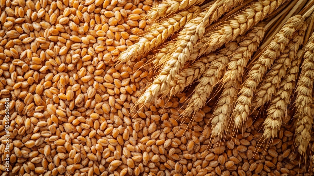 Obraz premium Wheat grain background with a close-up of wheat grains and an on top, in a flat lay