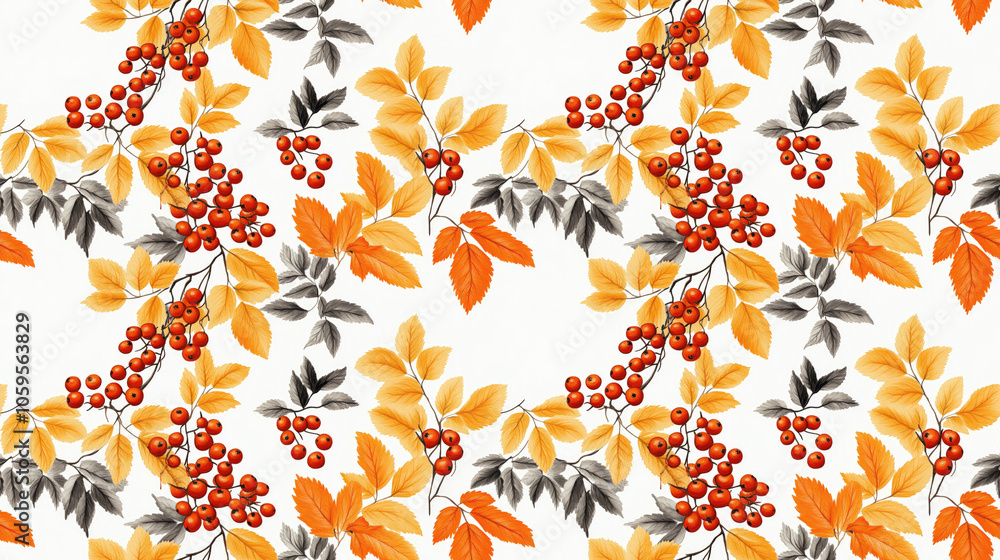Obraz premium Seamless autumn pattern featuring vibrant leaves and rowan berries on a white background perfect for home textiles and wallpaper design