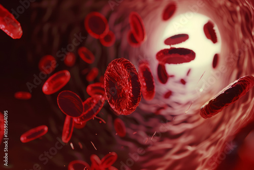 In a blood vessel, red blood cells are shown in motion, showing photo