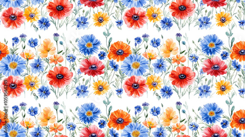 Watercolor seamless floral pattern featuring aster poppy cornflower and pansies perfect for fashion and home decor applications