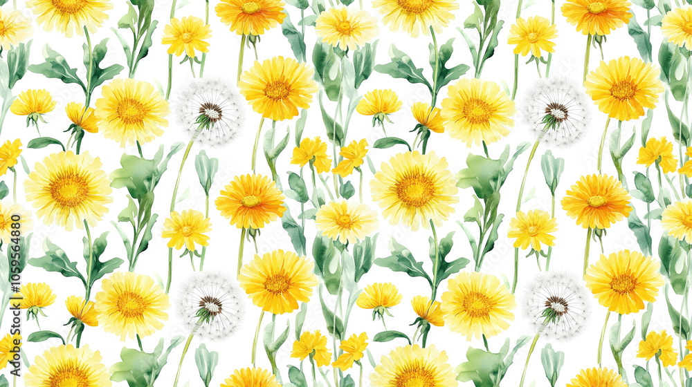 Fototapeta premium Seamless watercolor pattern featuring delicate dandelions and foalfoot in yellow green and white ideal for fashion fabric and home textiles