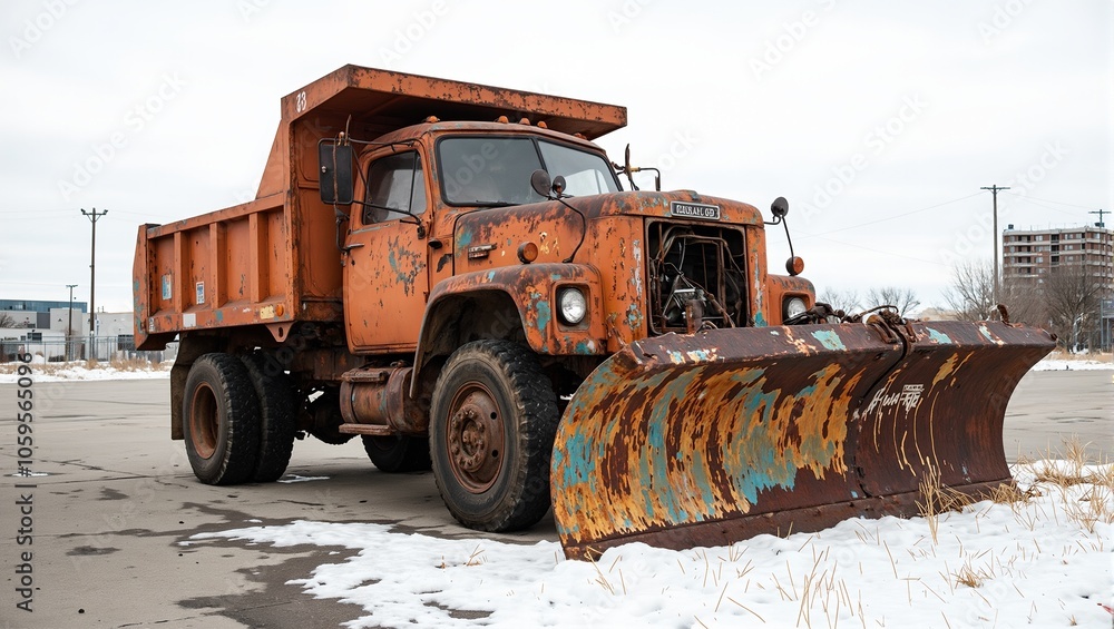 Obraz premium Rusted snowplow in empty lot with orange paint cracked lights and snow covered ground