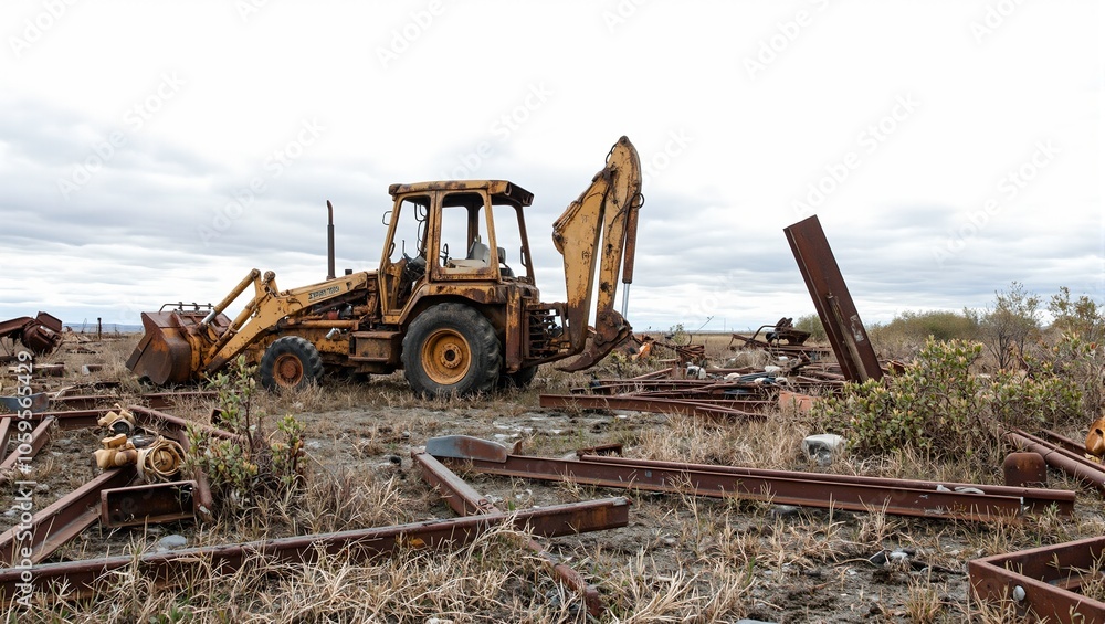 Fototapeta premium Abandoned construction site with rusted machinery and overgrown weeds under a cloudy sky