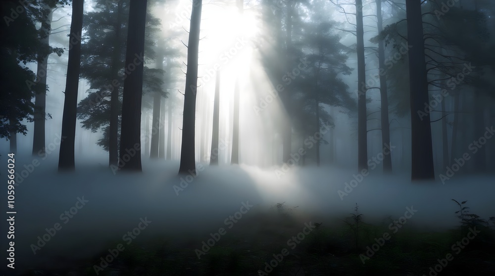 Fototapeta premium Misty Forest with Sunlight Rays