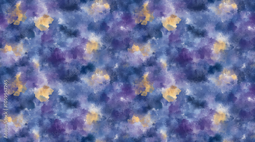 Fototapeta premium Vibrant seamless pattern featuring abstract smoky watercolor texture in shades of purple blue and yellow ideal for textile printing and packaging