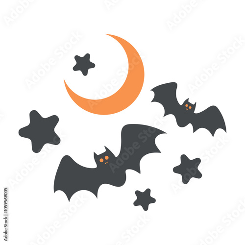 Halloween bats, crescent moon, and stars, spooky night Vector