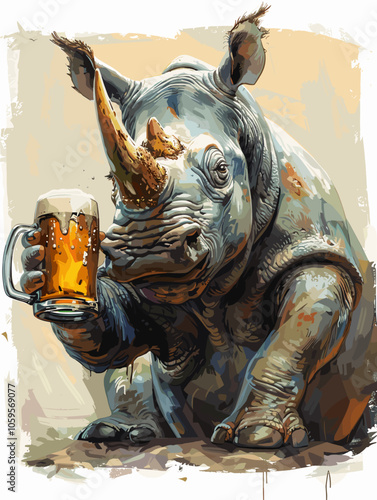 Rhino is holding a beer mug in its trunk. The rhino is depicted in a painting style, with a mix of colors and brush strokes. Scene is lighthearted and fun