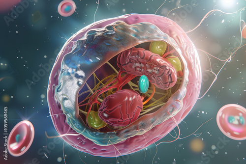 3D bacteria cells with DNA illustration for microbiology, geneti photo