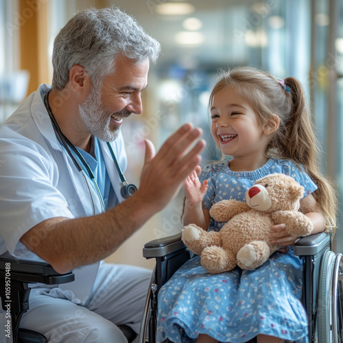 A doctor talking to a little girl in a wheelchair holding a teddy bear, symbolizing care, compassion, and medical support. Perfect for healthcare campaigns, pediatric content, or hospital advertisemen photo