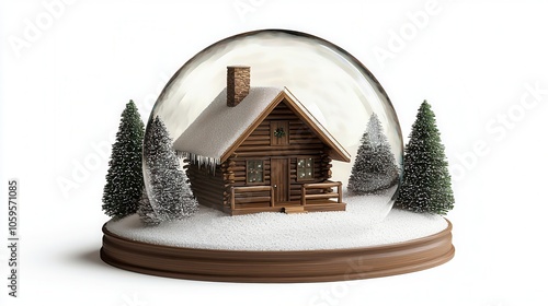 Snow Globe With Cabin  Christmas Trees and Snowy Landscape