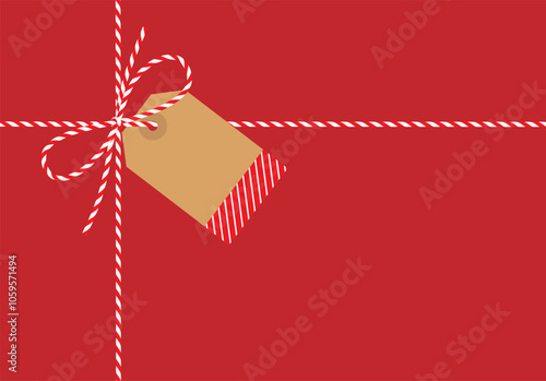 Flat red background, gift tied up with cotton red rope bakers twine bow and ribbons with blank kraft paper tag. Packing string for present, pastry boxes for New Year, Christmas. Vector EPS10