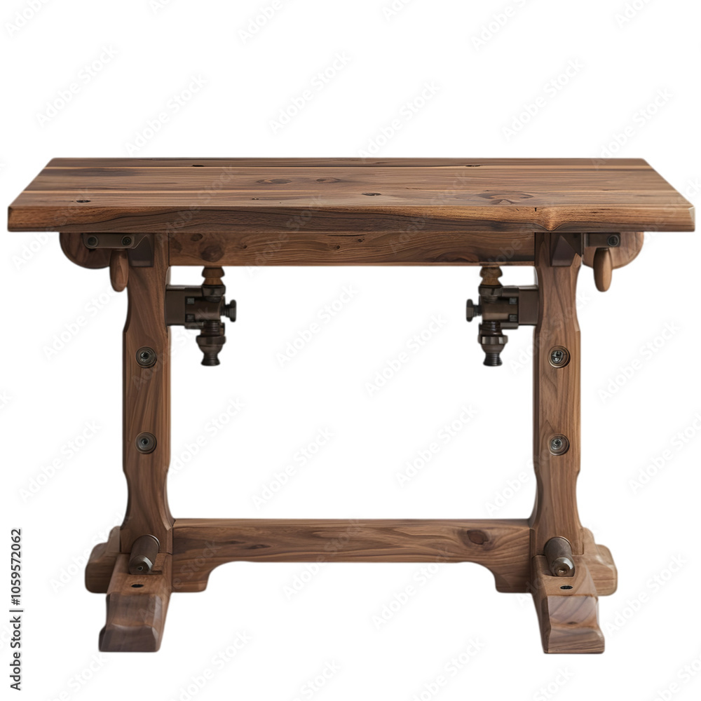Fototapeta premium Adjustable height standing desk with walnut finish, Isolated on White Background