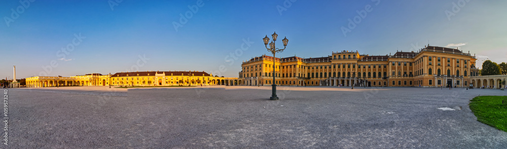 Panoramic view of the Schonbrunn Palace at sunset, Vienna, Austria