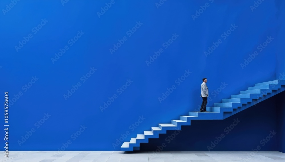 Fototapeta premium A man Ascending Blue Geometric Steps in a Modern Architectural Space