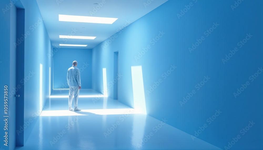 Fototapeta premium Lonely man in a Minimalist Blue Room with Light from Above