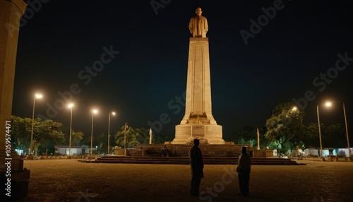 A shot of Ambedkar Chauraha at night, with the monument softly lit and the surrounding area in shadows photo