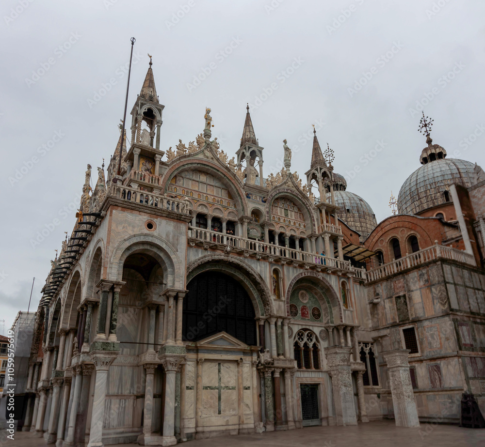 Fototapeta premium A view of the historic St. Marks Basilica, located on Piazza San Marco in the city of Venice in Italy