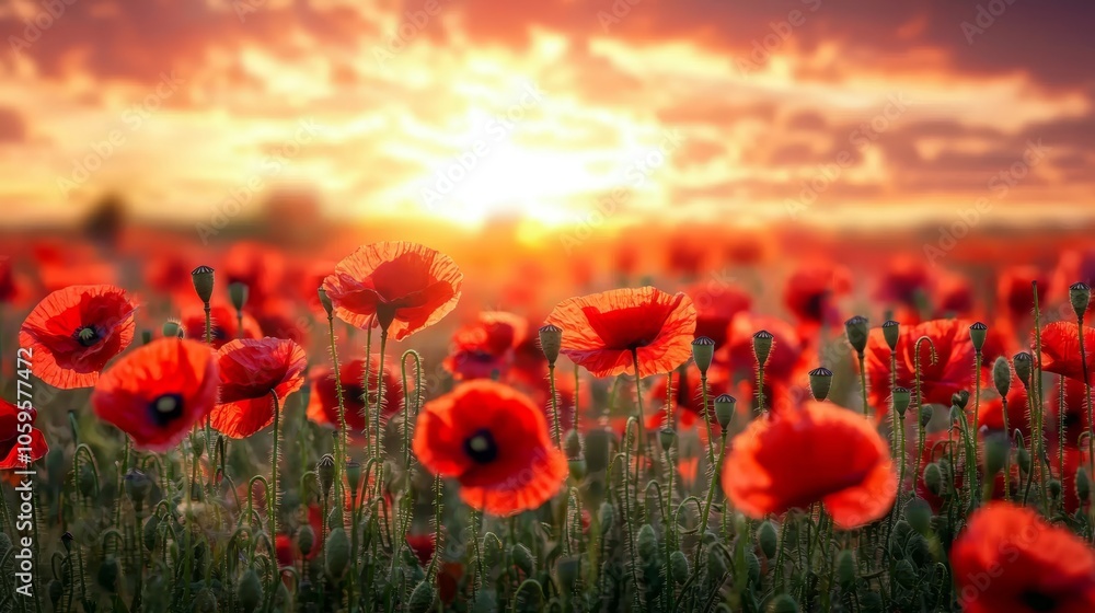 Obraz premium Field of Red Poppies at Sunset on Remembrance Day Generative AI