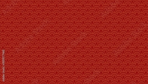 Traditional Japanese Seigaiha wave pattern in red and gold, featuring repetitive arches that create a sense of rhythm and elegance, suitable for backgrounds and decorative designs.