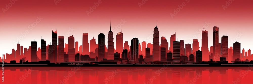 Obraz premium cityscape silhouette asian themed banner with red backdrop. light blinds background
