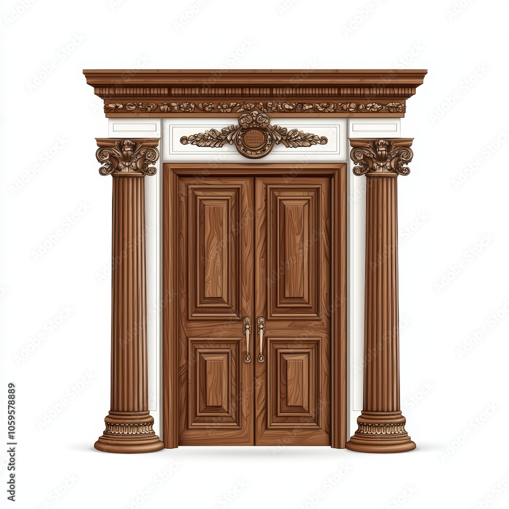 Fototapeta premium Elegant wooden double door with decorative columns and architectural details, white isolated background.