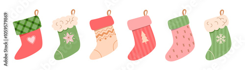 Set of stockings of different colors and patterns for Christmas children's gifts on St. Nicholas Day. Vector cute illustration for wrapping sweets, toys. Templates for sales in social networks.
