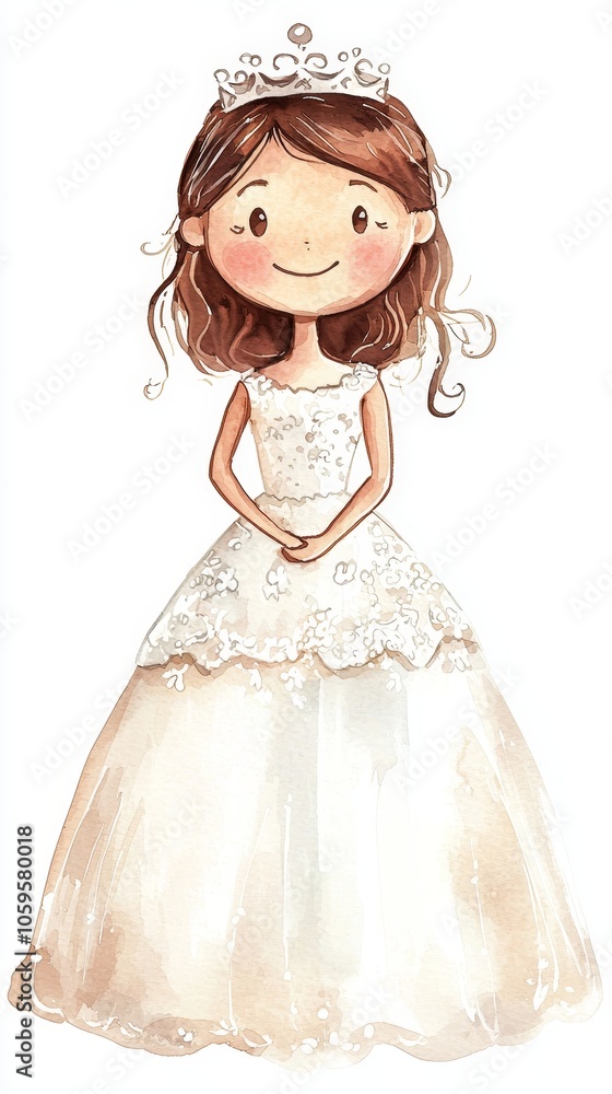 Fototapeta premium Minimalistic Watercolor Portrait of a Happy Middle Aged Brunette Bride in a White Wedding Dress Generative AI