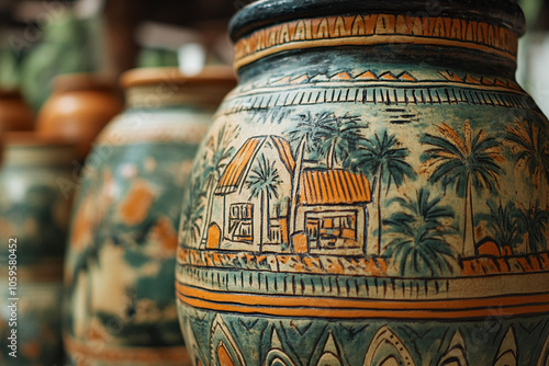 Mayan village scene depiction on pottery.