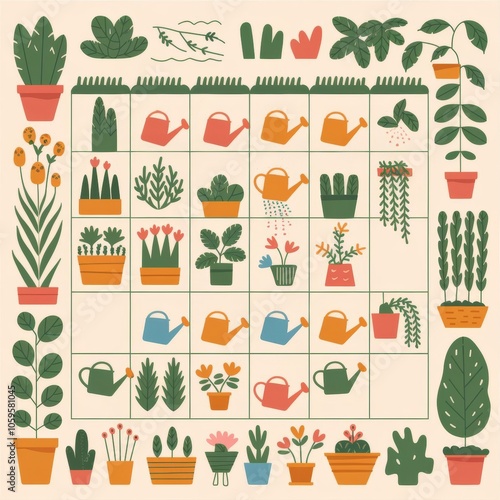 A colorful infographic of a plant watering schedule with cute plant icons and watering cans, playful style