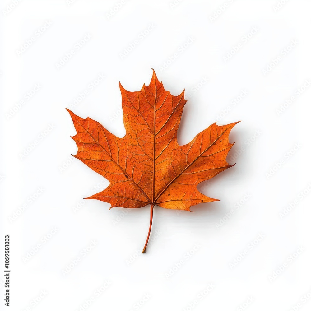 Fototapeta premium Vibrant orange maple leaf on a white isolated background, showcasing intricate details of nature.