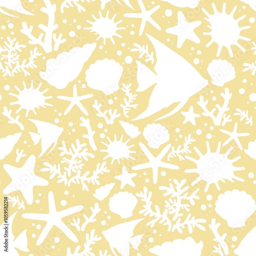 Seamless pattern with white silhouettes of fish, shells, starfish, corals on a light yellow background. Perfecr for textile, fabric, wrapping paper, backdrop, wall hanging, wallpaper, bedclothes photo