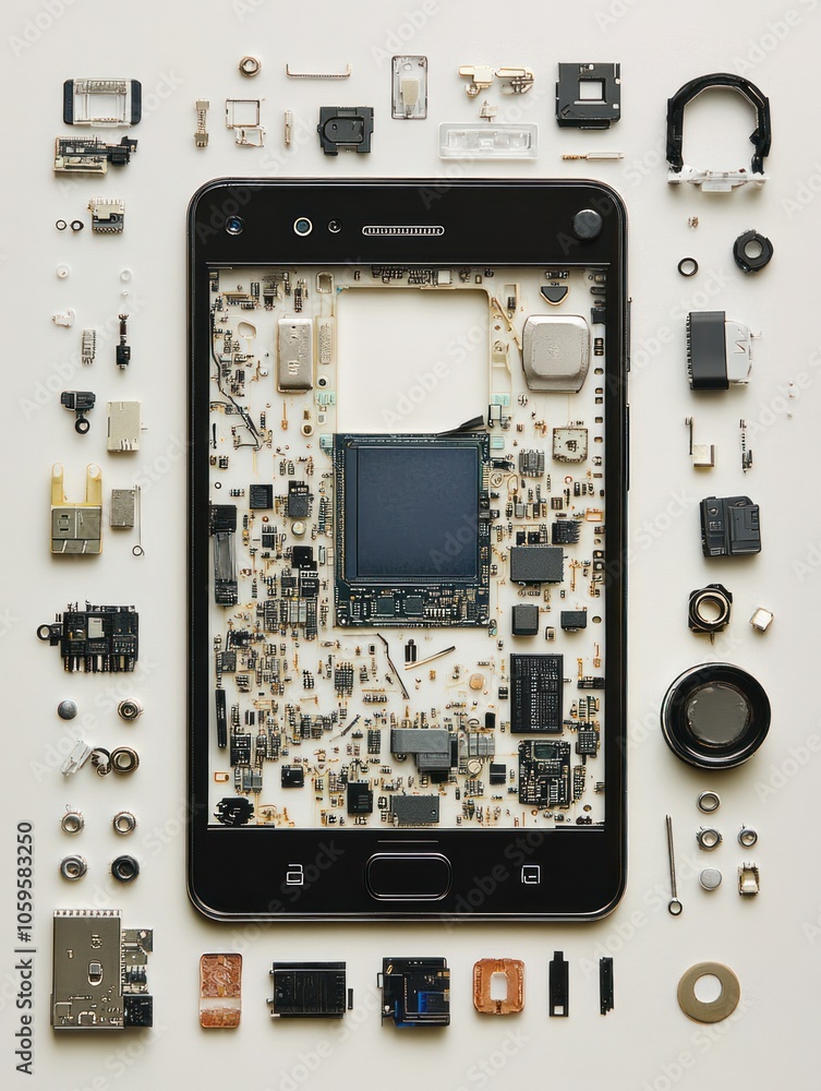 Fototapeta premium Disassembled Smartphone Parts and Circuit Board Displayed for Tech and Engineering Concepts