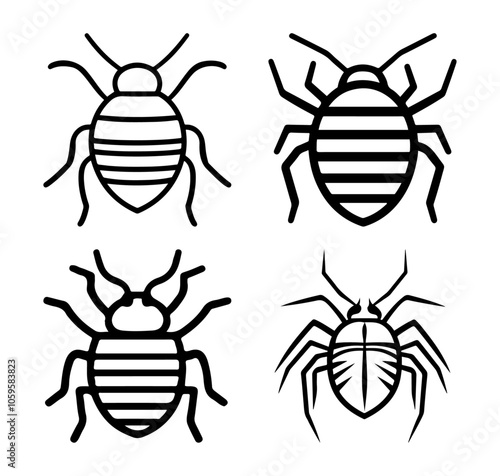 Bedbug Vector Set – Four Simple Black and White Insect Icons for Pest Control and Education ¥