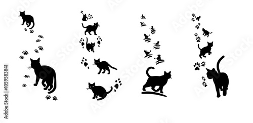 A playful set of black cat silhouettes and paw print trails in various positions, showing movement and curiosity