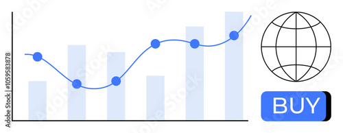 Financial chart with bars and a rising line graph, global icon, and Buy button. Ideal for finance, investment, economics, stock market, business growth, financial advising, e-commerce. Line metaphor