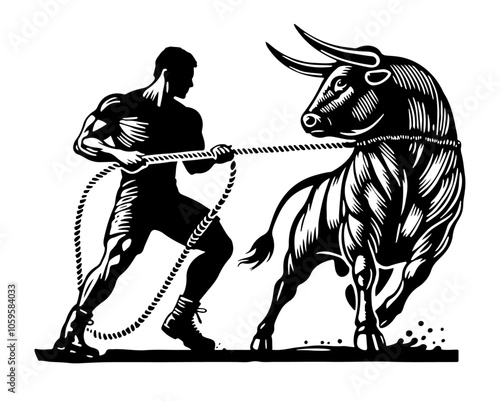 A powerful black and white silhouette of a man pulling a bull by a rope. The image captures the intensity of strength, endurance, and the primal connection between man and animal.