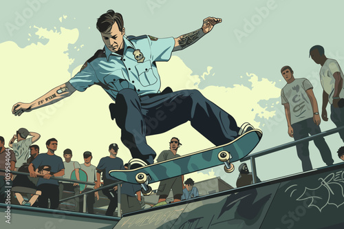 A modern illustration of a police officer performing a trick on a skateboard, surrounded by onlookers. This dynamic piece portrays an unexpected, youthful side of law enforcement, blending authority w