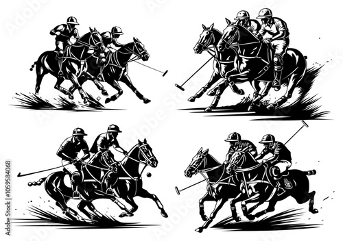 A dynamic black and white illustration of players and horses in the heat of a polo match. The intense movements and detailed horses highlight the sport’s speed, skill, and competitive spirit.