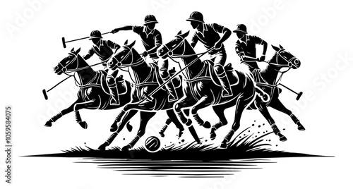 ,A dynamic black and white illustration of players and horses in the heat of a polo match. The intense movements and detailed horses highlight the sport’s speed, skill, and competitive spirit.
