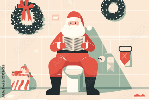 A humorous and festive illustration of Santa Claus sitting on a toilet, reading a newspaper, surrounded by Christmas decorations like a wreath and wrapped gifts. 